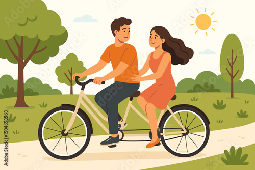 Cheerful young man and woman riding a tandem bicycle on a path in a lush green park under a bright sun. Romantic date activity, healthy lifestyle and togetherness vector illustration.