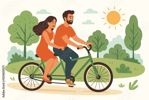 Cheerful couple cycling together on a tandem bicycle in a sunny park landscape. Flat vector graphic illustrating romance, outdoor recreation, healthy living, and happy relationship.