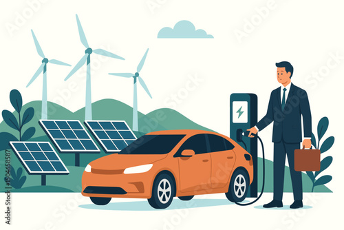 Sustainable energy vision: Businessman charging orange electric car using clean power from wind turbines and solar panels. Eco-friendly mobility and green technology vector concept.
