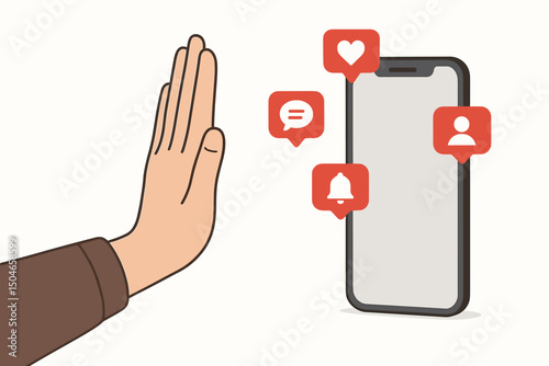 Hand gesturing stop towards a smartphone with social media notification icons like heart, comment, follow, and bell, illustrating the concept of digital detox and technology avoidance.