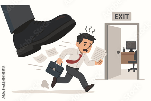 Concept of workplace pressure and burnout: Stressed businessman running from giant boss foot symbolizing overload and anxiety, escaping towards the exit door vector graphic.