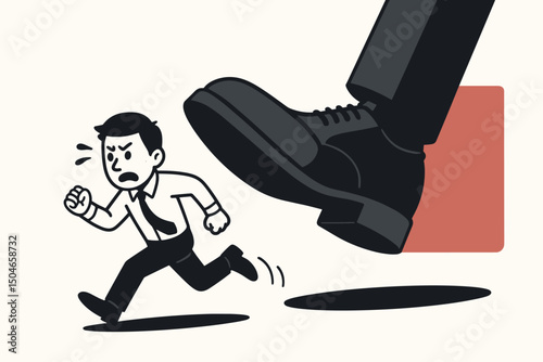 Minimalist vector illustration showing a frightened employee running for his life, desperately escaping the crushing weight of a huge authoritarian boot representing corporate pressure.