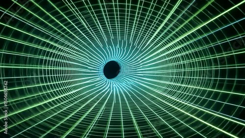 Luminous green lines radiate from a central dark void, creating an illusion of depth and movement
