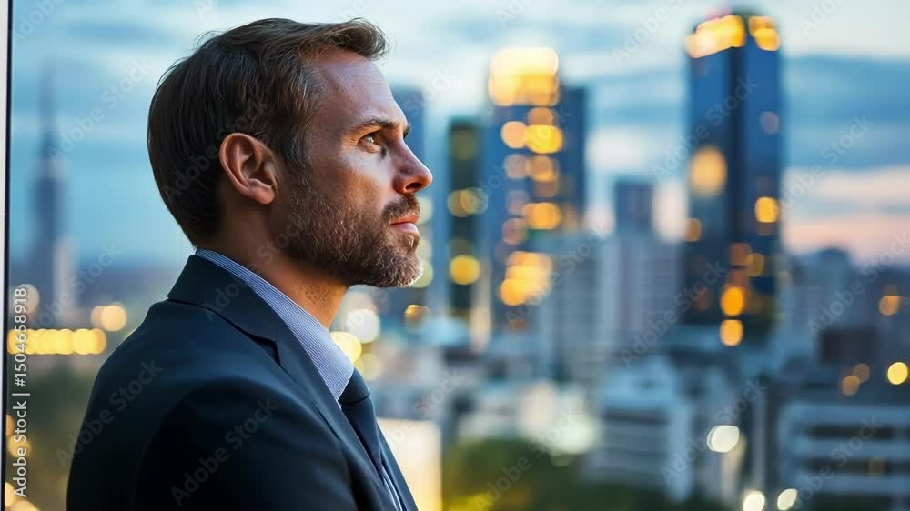 A businessman deep in thought against a city skyline at dusk.