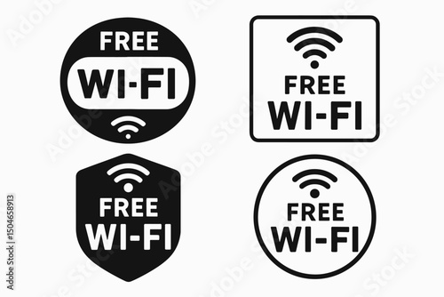 Set of black Free Wi-Fi vector stickers and signs in multiple shapes. Includes circle, square, and shield icons for public wireless internet zone access, isolated graphic elements.