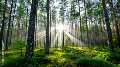 Sunny forest vista.
Description Forest scene featuring towering trees and sunlight streaming through the canopy, highlighting vibrant green ground cover