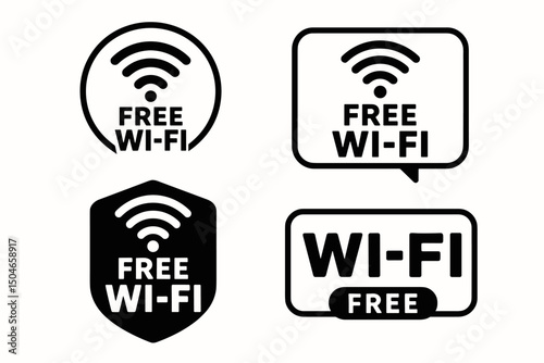 Set of four distinct black Free Wi-Fi signage vector icons, stickers, labels, and badges for indicating internet access points in cafes, hotels, airports, and public areas.