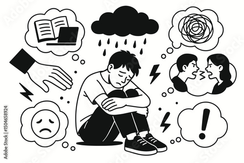 Black and white line art illustration showing a sad teenage boy burdened by anxiety, stress, depression, school pressure, arguments, and negative thoughts. Youth mental health vector.