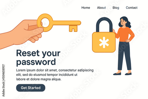 Reset Password Vector Illustration with Golden Key and Woman Holding a Padlock, Security, Access Control, and Data Protection, Perfect for Website Landing Pages