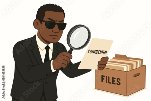 Serious Agent in Black Suit Inspects Confidential Files with Magnifying Glass, Vector Illustration for Corporate Security and Investigative Services