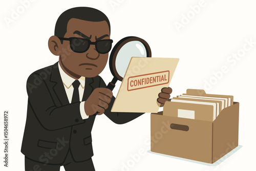 Male Spy Character in Black Suit Investigates Top Secret Confidential Files with Magnifying Glass, Examining Documents from Box - Vector Graphic for Security, Data Privacy.