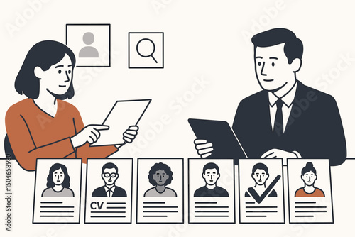 Hiring managers screening job applications and reviewing CVs. Human resources team selecting candidates in recruitment process. Minimalist vector illustration of talent acquisition.