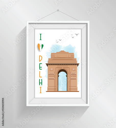 India gate illustration portrait with I Love Delhi written next to it