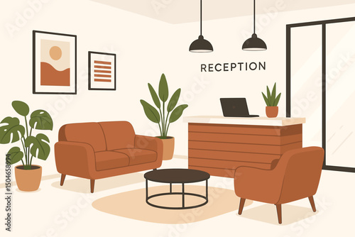 Modern office reception area interior design with stylish furniture, waiting lounge sofa, armchair, plants, and minimalist decor. Flat vector illustration of a contemporary lobby space.