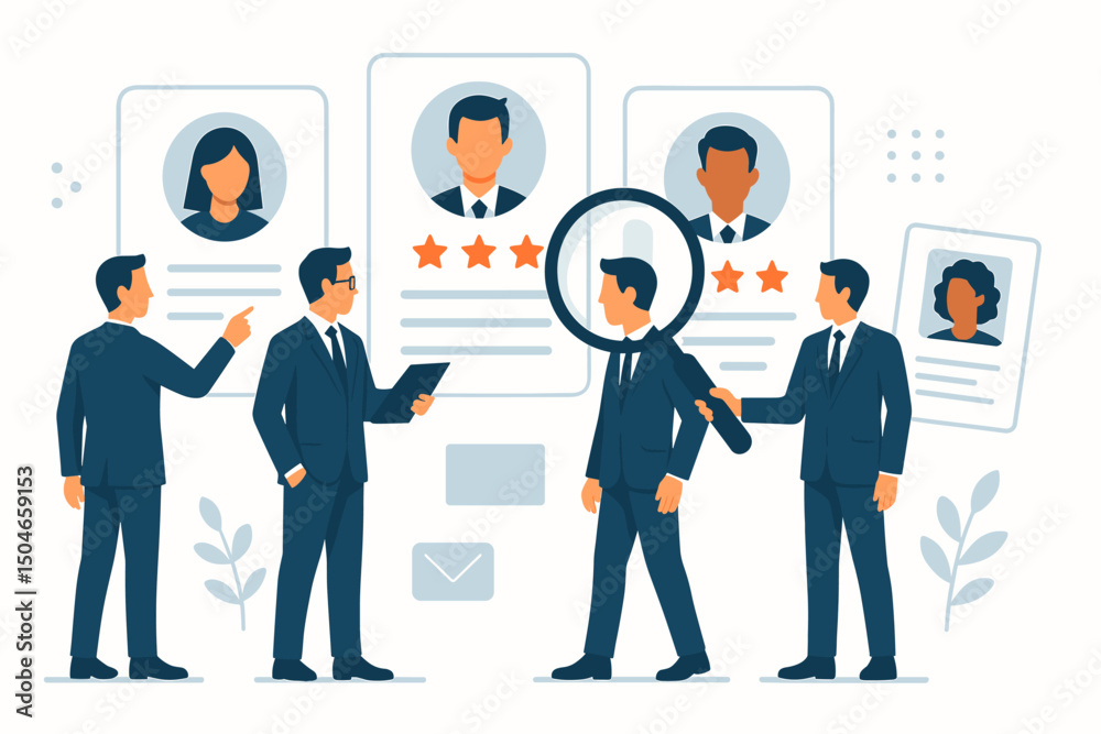 Human resources professionals collaborating on candidate selection, scrutinizing resumes with a magnifying glass. Concept illustration for recruitment, job searching, and talent management vector. Human resources professionals collaborating on candidate selection, scrutinizing resumes with a magnifying glass. Concept illustration for recruitment, job searching, and talent management vector.