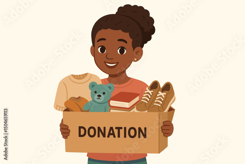 Cute cartoon illustration of a joyful young Black girl participating in a charity drive, holding a donation box with clothes, toy, books, and shoes. Represents kindness and support.