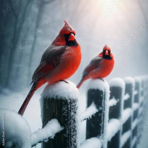 Realistic winter video of a cardinal bird perched on a fence during snowfall, peaceful and serene nature scene