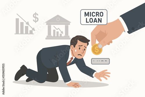 Vector illustration of a sad, bankrupt businessman crawling in desperation for a micro loan, receiving a small financial aid coin amidst symbols of economic crisis and falling markets.