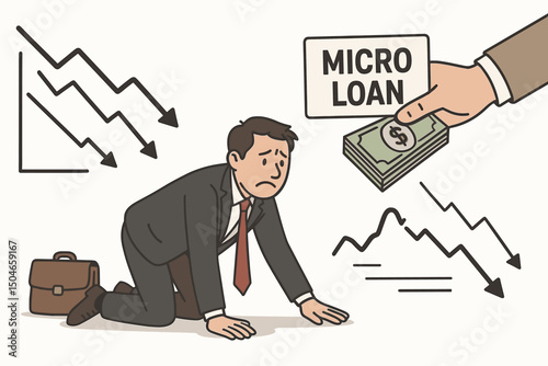 Bankrupt businessman crawling, begging for financial assistance via a micro loan; vector illustration showing economic recession, investment failure, and corporate debt crisis concept.
