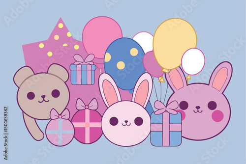 Happy Easter Bunny Cartoon Vector with Eggs and Flowers for Holiday Celebration