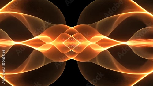 Glowing wave design on black; abstract pattern with mirrored, symmetrical shapes and light accents