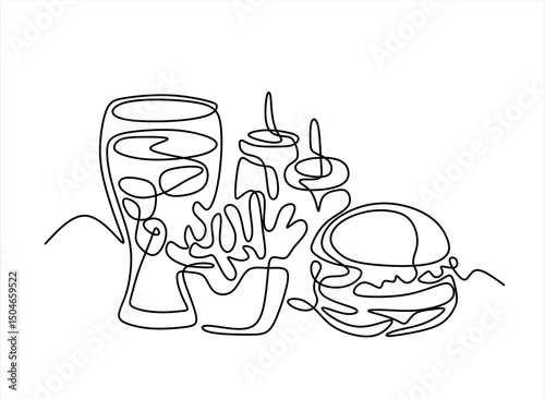 Set of fast food with french fries, hamburger, hot dog, soda in continuous one line art drawing style. Street food. Single line. Takeout food, junk food linear sketch for menu, banner, poster.Editable