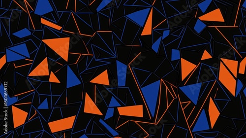 Abstract geometric pattern with orange and blue triangles on black background