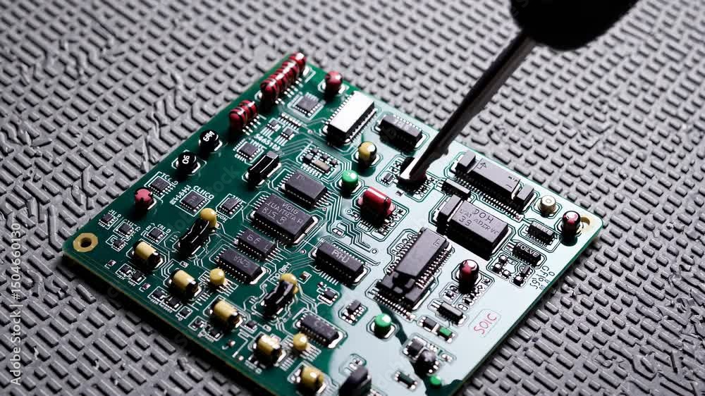 Electronic circuit board being soldered with precision tool on textured surface
Electronic circuit board being soldered with precision tool on textured surface