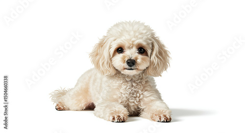 Adorable fluffy dog posing against pristine backdrop casting soft shadow