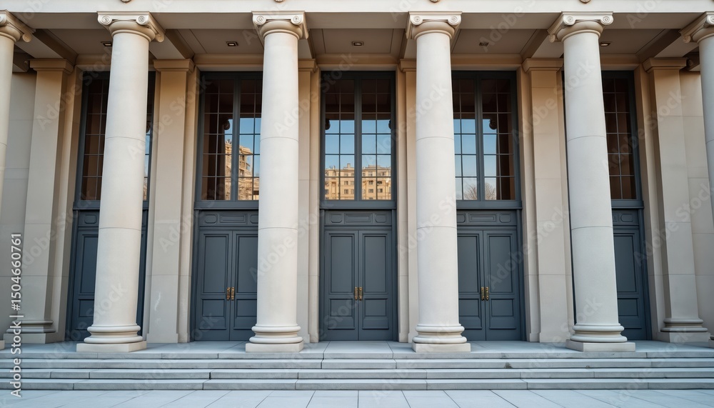 Obraz premium Classical building facade with six columns large windows steps. Architectural details columns, doors, windows, steps. Monumental building, grand facade, exterior design. Architecture, urban