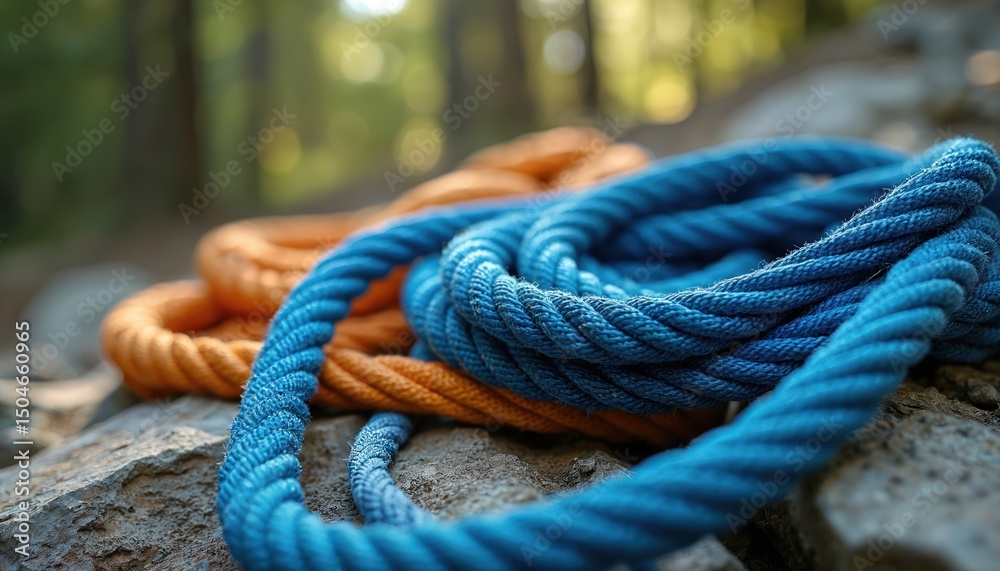 Fototapeta premium Close-up blue orange climbing ropes rest rocks outdoors. Ropes coiled, texture visible. Adventure activity, sport, extreme sport, exploring nature, mountain climbing, rock climbing gear.