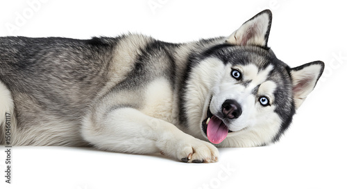 Playful Husky with Bright Blue Eyes Lying Down on a White Background