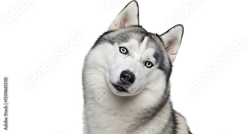 Striking husky portrait exhibiting curiosity against a stark white background