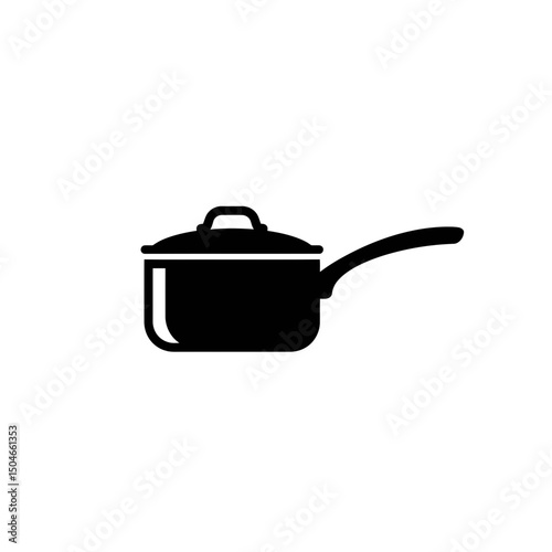 Cooking pot or pan with lid in simple black silhouette vector. Kitchenwear and appliance for household. Sales for crockery