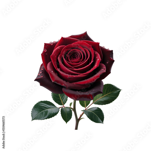 Realistic Red Rose with water droplets and green leaves isolated on white background, fresh garden flower, natural petals detail