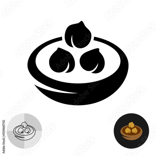 Hummus icon. Simple black silhouette of bowl with traditional chickpeas paste and nuts