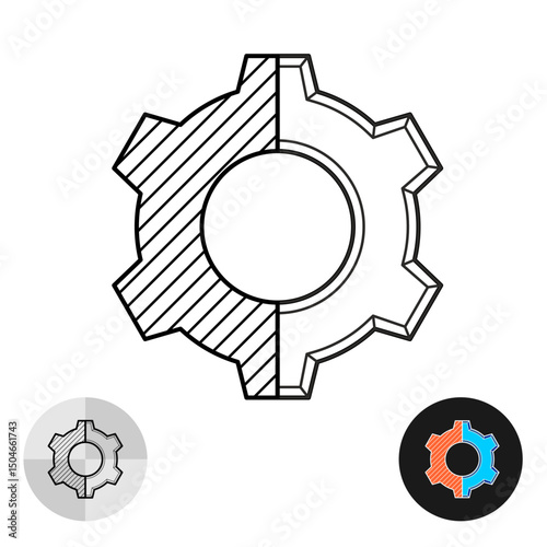 Gear silhouette with half internal section drawing. Technical blueprint for construction design purposes. Automotive or industry apply. Editable stroke.