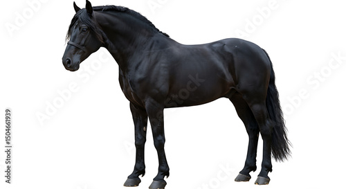 Elegant full-bodied black horse, majestic in profile, isolated on white backdrop