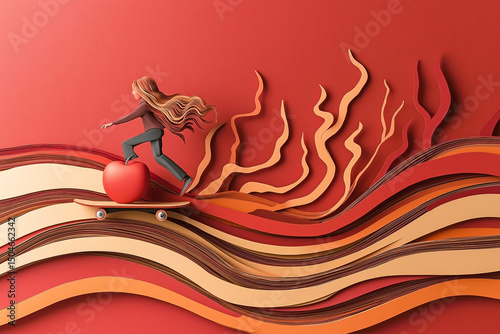 Female teen riding apple skateboard on wavy orange and red paper background