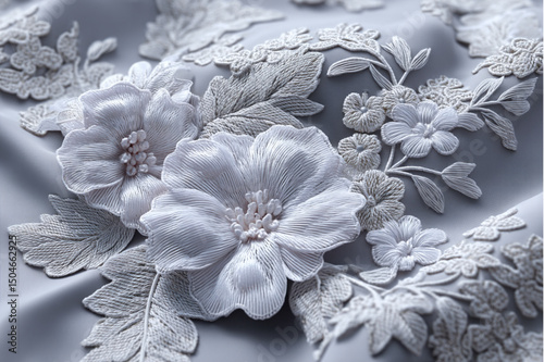 Close up of white embroidered floral design with leaves on a light gray fabric background texture