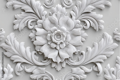 Close up of a white floral design with intricate details and swirling leaf like patterns on a gray background