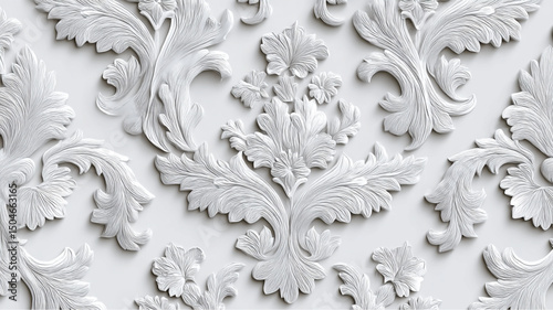 Close up of a white floral embossed pattern with intricate details and repeating symmetrical design