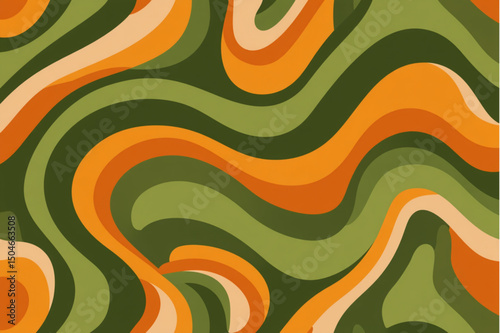Abstract groovy background with wavy lines in shades of green orange and beige creating a retro vibe