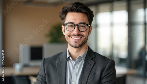 Wallpaper Mural Young man in office. Smiling, wearing glasses and formal suit. Professional appearance, personal branding, career portrait. Business environment ideal for corporate marketing, presentation materials. Torontodigital.ca