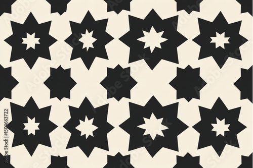 Pattern of alternating black and white stars with varying points in a repeating geometric design