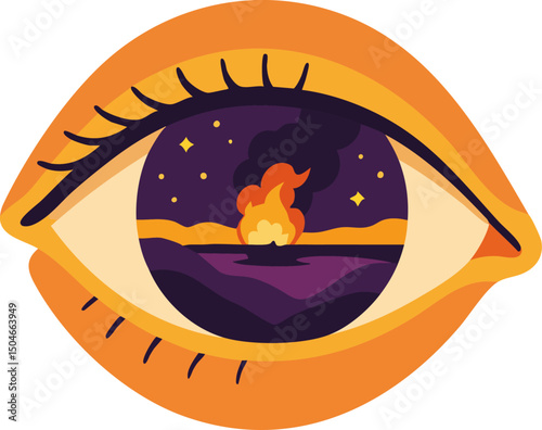 Enigmatic Eye: A Captivating Flat Vector Illustration Blending Elements of Nature with a Fiery Abstract Vision of Imagination and Mystery