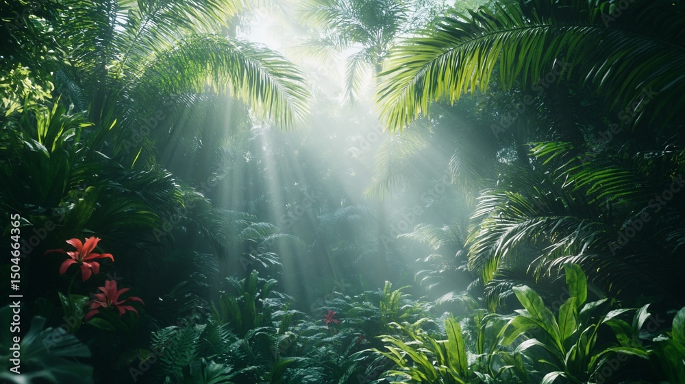 Naklejka premium Sunlight Filtering Through Lush Tropical Rainforest Canopy with Red Flowers