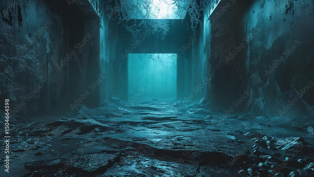 Obraz premium Gloomy concrete corridor leading to mystical forest opening