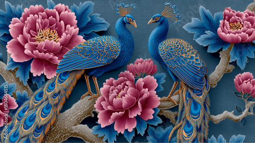 Two peacocks perched on a branch surrounded by pink flowers against a dark blue background art style