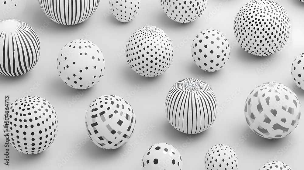 Fototapeta premium Abstract White Spheres with Black Geometric Patterns Background